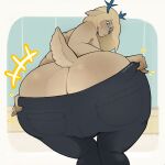 1:1 2025 2_horns absurd_res anthro antlers artist_name ass_too_fat big_butt blonde_hair blue_eyes blue_horn blue_nose bodily_fluids bottomwear butt butt_focus carol_holiday clothed clothing deer deltarune eyebrows eyelashes female frown fur hair hi_res horn huge_butt legs_together mammal mature_female pants prisonsong03 pulling_up_pants rear_view short_hair solo sweat sweaty_body tan_body tan_fur text thigh_gap topless undertale_(series)