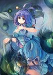  bangs blue_dress blue_eyes blue_hair breasts cleavage closed_mouth commentary_request danmaku dress fal_maro flower frills hagoromo hair_ornament hair_rings hair_stick kaku_seiga looking_at_viewer medium_breasts open_clothes open_vest puffy_sleeves shawl short_hair short_sleeves smile socks solo stick touhou vest white_legwear white_vest 