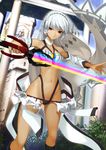  akisa_(12023648) altera_(fate) bare_shoulders breasts dark_skin energy_sword fate/extella fate/extra fate/grand_order fate_(series) highleg looking_at_viewer medium_breasts midriff navel photon_ray red_eyes short_hair solo sword veil weapon white_hair 