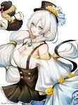  1girl absurdres anastasia_(fate) blue_eyes breasts cleavage detached_collar doll earrings fate/grand_order fate_(series) flower grey_hair hair_over_one_eye hat hat_flower highres jewelry long_hair mini_hat mini_top_hat multi-tied_hair off-shoulder_shirt off_shoulder shirt skirt smile suspender_skirt suspenders top_hat twitter_username umihotasan viy_(fate) white_background wide_sleeves 