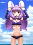  :&lt; animal_ears awa bangs bikini blunt_bangs breasts bunny_ears chuchu_(show_by_rock!!) cleavage copyright_name day detached_collar detached_sleeves drill_hair large_breasts long_hair midriff navel purple_eyes purple_hair show_by_rock!! solo swimsuit touching_ears underboob 
