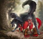 absurd_res all_fours anthro anus arm_wraps balls bestiality black_claws black_hair blue_eyes bodypaint breasts canid canine canis claws collar curling_toes cut_ear day dragon duo erection feet female feral fluffy fluffy_tail foot_wraps forest forest_background forked_tongue genitals green_stripes hair hi_res knot knotted_penis larger_feral leg_wraps light light_beam long_hair long_tail looking_at_another looking_at_genitalia looking_at_partner male male/female mammal mythological_creature mythological_scalie mythology nature nature_background open_mouth orange_stripes outside_sex pawpads penis penis_against_back plant ponytail raised_leg red_body scalie sex sharon_medley sharp_teeth size_difference smile stripes studded_collar studs sunbeam sunlight tail teeth tongue tongue_out tree war_paint wolf wraps yaoifairy yellow_eyes