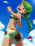  :d ass awa bikini bounsweet cloud dark_skin day gen_7_pokemon green_eyes green_hair looking_back mao_(pokemon) open_mouth outdoors pokemon pokemon_(anime) pokemon_(creature) pokemon_sm_(anime) smile swimsuit 