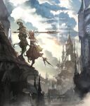  1boy 1girl architecture armor bird blue_sky claws clock clock_tower cloud cloudy_sky coat commentary_request dated dawn fantasy final_fantasy final_fantasy_ix fratley freija_crescent full_body furry furry_female furry_male green_coat green_hat green_pants grey_hair hat hat_over_eyes holding holding_polearm holding_weapon long_hair nijihayashi on_roof outdoors pants pauldrons polearm puffy_pants red_coat red_hat shoulder_armor signature sky standing sunrise tail tower trident weapon 