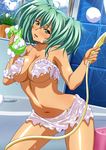  1girl dark_skin eyebrows eyebrows_visible_through_hair green_eyes green_hair ikkitousen long_hair matching_hair/eyes midriff navel ryofu_housen shiny shiny_skin short_twintails smile solo tied_hair torn_clothes twintails 