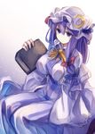  :| blue_bow blush book bow bowtie breasts closed_mouth colorized commentary_request crescent dress fal_maro gradient gradient_background hair_between_eyes hair_bow hair_ornament hat hat_bow highres holding holding_book large_breasts long_hair long_sleeves looking_at_viewer looking_up mob_cap patchouli_knowledge purple_eyes purple_hair red_bow simple_background sitting sketch solo striped striped_dress touhou v-shaped_eyebrows vertical-striped_dress vertical_stripes vest wide_sleeves yellow_bow yellow_neckwear 
