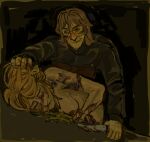  1boy 1girl against_table attack bags_under_eyes black_eyes blonde_hair blood blood_from_eyes blood_on_arm blood_on_face blood_on_hands blood_on_weapon blood_splatter breasts closed_eyes clothed_male_nude_female crazy_grin crying ero_guro exposed_muscle grabbing_another&#039;s_hair guro hetero highres holding holding_knife injury knife long_hair looking_at_another medium_hair nekromaxxing nude original vomit weapon 