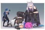  2_sensei 3girls animal_ears armor ass bandana bandana_around_neck belt black_boots black_coat black_gloves black_hairband black_hat black_pantyhose black_thighhighs blue_bandana blue_hair boots coat elbow_gloves fingerless_gloves gloves grey_background grey_eyes hairband hat leaning_forward long_sleeves lorna_(pixiv_fantasia_last_saga) mina_(pixiv_fantasia_last_saga) multiple_girls pantyhose pink_hair pixiv_fantasia pixiv_fantasia_last_saga shirt short_hair sleeping sleeveless sleeveless_shirt thighhighs unworn_hat unworn_headwear white_hair zzz 