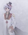  1boy black_coat black_hat book closed_mouth coat commentary_request cowboy_shot cross cross_necklace dated_commentary expressionless frilled_hat frills gold_trim grey_background grey_hair hat high_priest_(ragnarok_online) holding holding_book jewelry long_sleeves looking_at_viewer male_focus mini_hat mini_top_hat multicolored_coat necklace ragnarok_online red_coat red_eyes sharari short_hair snowing solo top_hat two-tone_coat white_coat 