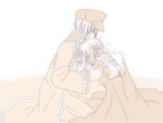  1boy 1girl braid braided_ponytail brown_theme cape coat commentary_request crusader_(ragnarok_online) crying dated_commentary full_body hat headpat kneeling long_hair monochrome multicolored_coat newsboy_cap open_mouth priest_(ragnarok_online) ragnarok_online sharari short_hair single_braid two-tone_coat 