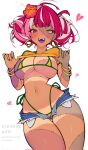  1girl ahoge alternate_breast_size alternate_costume ark_evil02 ass_visible_through_thighs bangle bikini bikini_under_clothes bikini_under_shorts blunt_bangs bracelet brazilian_miku brazilian_miku_(cosplay) breasts clothes_pull colored_skin commentary corrupted_twitter_file cosplay cropped_shirt cross-shaped_pupils cutoffs denim denim_shorts diamond-shaped_pupils diamond_(shape) double_bun earrings english_text exposed_pocket fang fingernails flag_print flag_print_bikini flower green_nails green_trim hair_bun hair_flower hair_ornament hatsune_miku heart heart-shaped_mouth heterochromia highleg highleg_bikini highres hololive hololive_indonesia jewelry kureiji_ollie large_breasts long_hair looking_at_viewer micro_bikini micro_shorts multicolored_hair nail_polish navel open_fly open_mouth patchwork_skin patreon_username pink_hair print_bikini red_hair shirt_pull shorts side-tie_bikini_bottom smile solo stitched_arm stitched_face stitched_leg stitched_torso stitches stomach streaked_hair swimsuit symbol-shaped_pupils tan tanlines teeth thick_thighs thigh_gap thighs virtual_youtuber vocaloid white_background white_hair yellow_bikini yellow_nails zombie 