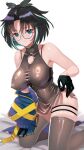  1girl black_gloves black_hair blue_eyes blue_hair blue_jacket blush breasts buren closed_mouth covered_navel covered_nipples curtained_hair dress full_body gloves grey_dress grey_thighhighs highres jacket large_breasts looking_at_viewer multicolored_hair nanashi_inc. nipples no_panties oura_rukako oura_rukako_(2nd_costume) short_dress short_hair sleeveless sleeveless_dress smile solo streaked_hair thigh_strap thighhighs unworn_jacket virtual_youtuber white_hair 