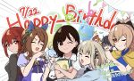 6+girls absurdres animal_ears balloon blonde_hair blue_hair book brown_hair character_request cinderella_series copyright_request ear_covers gero_mitsuki hachigatsu_no_cinderella_nine happy_birthday highres hnkn_hkr holding holding_book horse_ears kamata_kimie king_halo_(umamusume) kurashiki_maiko looking_at_viewer menou_(virgin_road) multiple_girls ojou-sama_pose onsen_musume ore_wo_suki_nano_wa_omae_dake_ka_yo purple_eyes red_eyes red_hair saeki_iori school_uniform shokei_shoujo_no_virgin_road short_hair smile tracen_school_uniform umamusume voice_actor_connection 