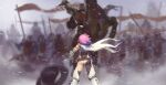  1girl 2_sensei 6+boys armor ass battle belt blue_scarf blurry blurry_background cape flag from_behind gauntlets helmet holster horseback_riding mina_(pixiv_fantasia_last_saga) multiple_boys outdoors pink_hair pixiv_fantasia pixiv_fantasia_last_saga riding scarf short_hair snowing white_cape 