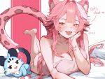  1girl animal_ears artist_name ass bare_legs bare_shoulders blush breasts camisole chattino_(raora_panthera) chui_art cleavage commentary english_commentary fang hair_intakes hand_on_own_cheek hand_on_own_face heart highres hololive hololive_english huge_breasts long_hair looking_at_viewer lying multicolored_hair on_stomach open_mouth panther_ears panther_girl panther_tail panties pillow pink_background pink_camisole pink_hair pink_panties polka_dot polka_dot_background raora_panthera skin_fang sparkle strap_slip streaked_hair tail the_pose thighs tongue tongue_out underwear virtual_youtuber white_background yellow_eyes 