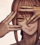  1girl braid braided_ponytail chainsaw_man close-up closed_mouth covering_own_eyes highres looking_at_viewer makima_(chainsaw_man) one_eye_covered red_hair redteneri ringed_eyes sidelocks signature simple_background smile solo white_background yellow_eyes 