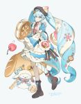  1girl absurdres apron beret blue_dress blue_eyes blue_hair blue_sleeves boots brown_boots brown_hat character_name closed_mouth cookie detached_sleeves dress food frilled_apron frills full_body hair_between_eyes hat hatsune_miku highres holding holding_cookie holding_food lace-up_boots long_hair nanagom necktie pantyhose rabbit_yukine red_necktie short_sleeves simple_background smile standing striped_clothes striped_pantyhose twintails twitter_username very_long_hair vocaloid white_apron white_background white_pantyhose wide_sleeves yuki_miku yuki_miku_(2026) yuki_miku_(2026)_(candidate_no.5) 