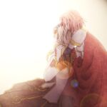  1boy 1girl backlighting blonde_hair boobplate brown_coat cape closed_eyes closed_mouth coat commentary_request cowboy_shot dated_commentary gold_trim hair_over_eyes head_hug high_priest_(ragnarok_online) hug lens_flare long_sleeves lord_knight_(ragnarok_online) multicolored_coat open_mouth pink_hair ragnarok_online red_cape red_coat sharari short_hair simple_background two-tone_coat white_background white_coat 