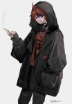  1boy :d absurdres ahoge black_coat black_pants black_streaks blue_eyes cigarette coat cowboy_shot fangs hand_in_pocket headphones headphones_around_neck highres holding holding_cigarette hood hood_up jewelry long_sleeves male_focus multicolored_hair multiple_rings open_mouth pants red_hair red_shirt ring shirt short_hair signature simple_background smile sparrowhabird streaked_hair sumino_takumi the_hundred_line_-last_defense_academy- torn_clothes torn_pants white_background 