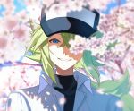  1boy baseball_cap black_shirt blue_eyes cherry_blossoms green_hair grin hair_between_eyes hat long_hair looking_at_viewer male_focus n_(pokemon) one_eye_covered pokemon pokemon_bw portrait shirt sidelocks smile solo turtleneck turtleneck_shirt wind zero_(sleepy_meltan) 