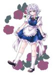  1girl absurdres apron blue_dress blue_eyes blue_skirt bow closed_mouth dress flower frilled_apron frills full_body green_bow grey_hair hair_bow hajimakura highres izayoi_sakuya looking_at_viewer maid maid_apron maid_headdress puffy_short_sleeves puffy_sleeves red_flower red_rose ribbon rose shirt shoes short_hair short_sleeves simple_background skirt skirt_hold smile socks solo standing touhou vest waist_apron white_apron white_background white_shirt 