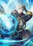  1boy book casting_spell commentary_request company_name fire_emblem fire_emblem_awakening fire_emblem_cipher gloves grey_eyes holding holding_book hood hood_down hooded_coat magic magic_circle male_focus male_robin_(fire_emblem) official_art open_book p-nekor short_hair solo white_hair 