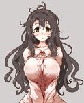  black_hair blush breasts buttons cleavage covered_nipples grey_background hirowa_nagi idolmaster idolmaster_cinderella_girls large_breasts long_hair looking_at_viewer messy_hair open_mouth pajamas shimamura_uzuki simple_background solo v_arms yellow_eyes 