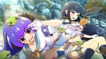  2girls armband artist_request black_hair black_socks blue_armband blue_eyes blue_sailor_collar blunt_bangs blurry blurry_background blush breasts cleavage crossover emblem fallen_down frog game_cg gloves hanyuu highres higurashi_no_naku_koro_ni higurashi_no_naku_koro_ni_mei horns ikaruga_(senran_kagura) kunai large_breasts lily_pad long_hair multiple_girls neckerchief non-web_source official_art on_floor open_mouth outdoors plant purple_eyes purple_hair sailor_collar senran_kagura shirt skirt socks sparkle sunlight tears thigh_strap water weapon white_gloves white_shirt white_skirt yellow_neckerchief 