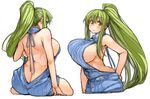  arm_behind_back backboob backless_dress backless_outfit bare_back blush breasts butt_crack dress green_hair halterneck high_ponytail huge_breasts long_hair looking_at_viewer meme_attire multiple_views naked_sweater original ribbed_sweater sachito sideboob simple_background sitting sumi-chan_(sachito) sweater sweater_dress turtleneck turtleneck_sweater virgin_killer_sweater white_background yellow_eyes 
