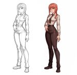  1girl absurdres arm_at_side black_necktie black_pants black_shoes braid braided_ponytail business_suit chainsaw_man collared_shirt formal_clothes full_body greyscale hatching_(texture) high-waist_pants highres long_sleeves makima_(chainsaw_man) monochrome multiple_views necktie pants red_hair redteneri ringed_eyes shirt shirt_tucked_in shoes sidelocks simple_background sketch standing suit white_background wide_hips yellow_eyes 