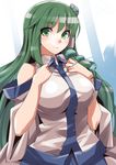  bangs blush breasts closed_mouth commentary_request detached_sleeves frog_hair_ornament green_eyes green_hair hair_ornament highres japanese_clothes kochiya_sanae large_breasts long_hair nontraditional_miko shirt smile snake_hair_ornament solo touhou umigarasu_(kitsune1963) upper_body wide_sleeves 