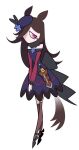  1girl 20years animal_ears black_hair black_skirt blue_eyes dagger flower grey_thighhighs hair_over_one_eye hat hat_flower horse_ears horse_girl horse_tail knife long_hair long_sleeves off-shoulder_shirt off_shoulder purple_eyes purple_flower rice_shower_(umamusume) sad sheath sheathed shirt simple_background skirt solo standing tail thighhighs tilted_headwear very_long_hair weapon white_background 