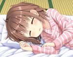  blush brown_hair closed_eyes commentary_request fang futon ikazuchi_(kantai_collection) jewelry kantai_collection long_sleeves lying on_side open_mouth pajamas pillow ring short_hair sleeping solo striped striped_pajamas tatami tsunsuki_(naobe009) wedding_band 