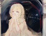  1girl black_background blonde_hair blush cape choker covering_own_mouth fur-trimmed_cape fur_trim hands_up heaven&#039;s_bug_(vocaloid) highres in_container iyowa_girls looking_ahead medium_hair own_hands_clasped own_hands_together ri_pi_o shirt short_sleeves solo song_name sparkle yellow_cape yellow_choker yellow_eyes yellow_shirt 