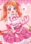  1girl alternate_costume anime_coloring argyle_background back_bow bow bow_skirt bowtie brown_hair clenched_hand collar cowboy_shot cross-laced_clothes cross-laced_skirt detached_collar earrings eyelashes food-themed_earrings frilled_hairband frilled_skirt frilled_sleeves frills hair_ribbon hairband hand_on_lap hand_on_own_cheek hand_on_own_face happy heart high-waist_skirt highres jewelry kirakira_precure_a_la_mode large_bow light_blush lolita_hairband long_hair looking_at_viewer miniskirt momotarouooi official_style open_mouth pink_background pink_bow pink_bowtie pink_eyes pink_hairband pink_ribbon pink_skirt precure puffy_short_sleeves puffy_sleeves ribbon shirt short_sleeves skirt smile solo spoken_heart square_neckline standing strawberry_background strawberry_earrings tareme twintails usami_ichika wavy_hair white_collar white_shirt white_wrist_cuffs wrist_bow wrist_cuffs 