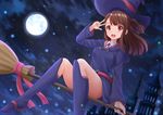  blush boots broom broom_riding brown_hair building cloud dress flying hat highres kagari_atsuko kazenokaze knee_boots little_witch_academia long_hair moon night open_mouth sidesaddle sky solo star teeth witch witch_hat 
