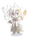  1boy aura blonde_hair brown_coat brown_pants brown_shoes chibi chibi_only coat commentary_request dated_commentary fire full_body gold_trim high_priest_(ragnarok_online) long_sleeves looking_at_viewer lowres male_focus multicolored_coat open_mouth pants pyrokinesis ragnarok_online red_coat red_eyes sharari shoes short_hair simple_background smile solo standing translation_request two-tone_coat white_background white_coat 