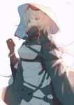  1girl :o absurdres arknights backlighting belt belt_pouch black_coat black_gloves bloom blue_eyes blush bracelet breasts character_name charm_(object) coat commentary dated dress english_commentary feather_hair gloves goggles goggles_on_head grey_hair hair_between_eyes high_collar highres hood hooded_coat jewelry long_hair long_sleeves looking_at_viewer medium_breasts mulberry_(arknights) multiple_belts parted_lips pearl_bracelet pouch pppmepl red-tinted_eyewear signature sketch ski_goggles solo tinted_eyewear upper_body white_background white_dress 