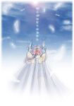  1girl 2000s_(style) arms_up blue_cape blue_sky bow braid braided_ponytail cape cloud commentary_request crusader_(ragnarok_online) dated_commentary feathers from_behind hair_bow lens_flare long_hair purple_hair ragnarok_online reaching red_bow sharari sky solo translation_request 