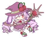  1girl bandage_over_one_eye bandages boots chibi dress emil_chronicle_online flower frilled_dress frills hat holding holding_staff homurabi long_hair mummy_alma open_mouth purple_boots purple_dress purple_hair purple_hat purple_ribbon red_eyes ribbon rose staff standing standing_on_one_leg thorns twintails white_background witch_hat wooden_staff 