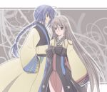  1boy 1girl blue_hair braid braided_ponytail brown_hair brown_shirt brown_skirt closed_mouth commentary_request cowboy_shot expressionless hair_between_eyes hairband hanbok korean_clothes long_bangs long_hair long_sleeves looking_afar looking_at_viewer low_ponytail pelvic_curtain ponytail ragnarok_online sharari shirt single_braid skirt sleeves_past_fingers sleeves_past_wrists soul_linker_(ragnarok_online) very_long_hair white_hairband wide_sleeves 