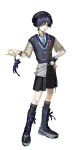  1boy absurdres alternate_costume animalization aqua_necktie aqua_trim arm_at_side bead_bracelet beads beret black_bow black_hair black_hat black_shorts black_socks blue_trim blunt_ends boots bosonn_13 bow bracelet bright_pupils chain collared_shirt contemporary cross-laced_clothes cross-laced_shorts emblem eyeliner eyeshadow feathers fingernails full_body genshin_impact grey_sweater_vest hand_on_own_hip hand_up hat highres jewelry knee_boots kneehighs lace-up_boots layered_shorts light_frown looking_at_viewer makeup male_focus necktie o-ring official_alternate_costume open_hand open_mouth paint_splatter paint_splatter_on_face person_and_animalization pom_pom_(clothes) purple_eyes red_eyeliner red_eyeshadow scaramouche_(cat)_(genshin_impact) scaramouche_(genshin_impact) school_uniform shirt short_sleeves shorts socks solo standing stuffed_animal stuffed_toy sweater_vest tsurime twitter_username wanderer_(genshin_impact) wanderer_(mega_mgc_coffee)_(genshin_impact) white_background white_pupils white_shirt white_sleeves white_trim white_undershirt wrist_cuffs wristband yellow_feathers 