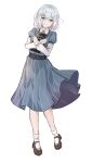  1girl absurdres bang_dream! belt black_belt black_shoes blue_dress blue_eyes book chen_onef diary dress frilled_sleeves frills full_body highres holding holding_book kurata_mashiro light_smile long_sleeves looking_at_viewer shoes short_hair simple_background socks solo striped_clothes striped_dress vertical-striped_clothes vertical-striped_dress white_background white_hair white_socks 