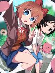  1boy 1other 2girls absurdres antennae between_legs black_hair blazer blue_eyes blue_shorts blue_skirt blue_sky bongfill brown_eyes brown_hair brown_jacket brown_sweater bush creature crossover day doki_doki_literature_club family_guy feet_out_of_frame from_above grass hair_between_eyes hand_between_legs highres holding holding_phone jacket kneehighs kuze_shizuka looking_at_viewer multiple_girls on_rock open_clothes open_jacket open_mouth outdoors peter_griffin phone pleated_skirt red_ribbon ribbon sayori_(doki_doki_literature_club) school_uniform selfie shirt short_hair shorts signature sitting skirt sky socks sweater takopii takopii_no_genzai thighs tree tsurime v white_shirt white_socks wide-eyed wispy_bangs 
