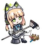  1girl :p ^_^ absurdres animal_ear_headphones animal_ears animalization apron aqua_bow aqua_bowtie artist_name back_bow black_boots black_dress black_tail blonde_hair blue_archive blue_necktie boots bow bowtie broom bucket cat_ear_headphones cat_ears cat_tail chibi chinese_commentary closed_eyes collared_dress commentary_request contrast_collar detached_collar disembodied_hand dog doodle_sensei_(blue_archive) dress drooling fake_animal_ears fake_tail frilled_apron frilled_dress frills full_body green_eyes green_halo hair_bow halo headphones highres holding holding_boots holding_broom holding_unworn_clothes long_sleeves looking_at_viewer maid maid_apron maid_headdress merchandise_available midori_(blue_archive) midori_(maid)_(blue_archive) necktie number_print official_alternate_costume on_bucket open_mouth outstretched_leg pantyhose puffy_long_sleeves puffy_sleeves red_bow sensei_(blue_archive) short_hair short_twintails sidelocks simple_background single_boot sitting smile soles solo_focus tail tongue tongue_out twintails unworn_boots watermark white_apron white_background white_bow white_headdress white_pantyhose yimaxue 