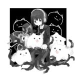  1girl commentary_request dog dog_on_lap empty_eyes expressionless flower greyscale half-closed_eyes headphones long_sleeves looking_at_animal looking_down monochrome monster_girl mouth_hold neckerchief nene_nene outside_border plant_girl pomeranian_(dog) pomeranian_(utau) school_uniform serafuku short_hair simple_background solo spot_color tentacle_legs utau yosan_(yosan1130) 