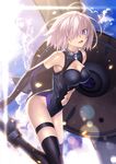  ahoge armpits bare_shoulders black_legwear bodysuit breasts cleavage cleavage_cutout cloud day elbow_gloves fate/grand_order fate_(series) gloves hair_over_one_eye high_heels highleg highleg_leotard holding_shield impossible_clothes impossible_leotard leg_up lens_flare leotard looking_at_viewer mash_kyrielight medium_breasts midriff navel navel_cutout official_art open_mouth purple_bodysuit purple_eyes purple_gloves purple_hair purple_legwear revealing_clothes shield short_hair skin_tight sky sleeveless smile solo sweat takeuchi_takashi thigh_strap thighhighs 