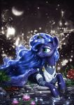  assasinmonkey blue_eyes blue_hair clothed clothing colored detailed_background edit equine eyelashes feathered_wings feathers female feral friendship_is_magic hair hooves horn lying mammal my_little_pony night princess_luna_(mlp) smile solo unicorn_horn water winged_unicorn wings 