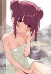  1girl 2024 bare_shoulders blush breasts brown_eyes brown_hair cleavage collarbone copyright_name dated day double_bun grin hair_bun head_tilt highres jagi_(jagi_souken) looking_at_viewer naked_towel onsen outdoors short_hair_with_long_locks sidelocks small_breasts smile solo toki_ayano towel yurucamp 