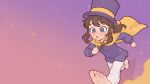  1girl a_hat_in_time barefoot blue_eyes brown_hair cape casytay commentary english_commentary flat_chest hat hat_kid highres long_sleeves open_mouth pants ponytail purple_hat purple_shirt running shirt soles solo toes top_hat variant_set white_pants yellow_cape 